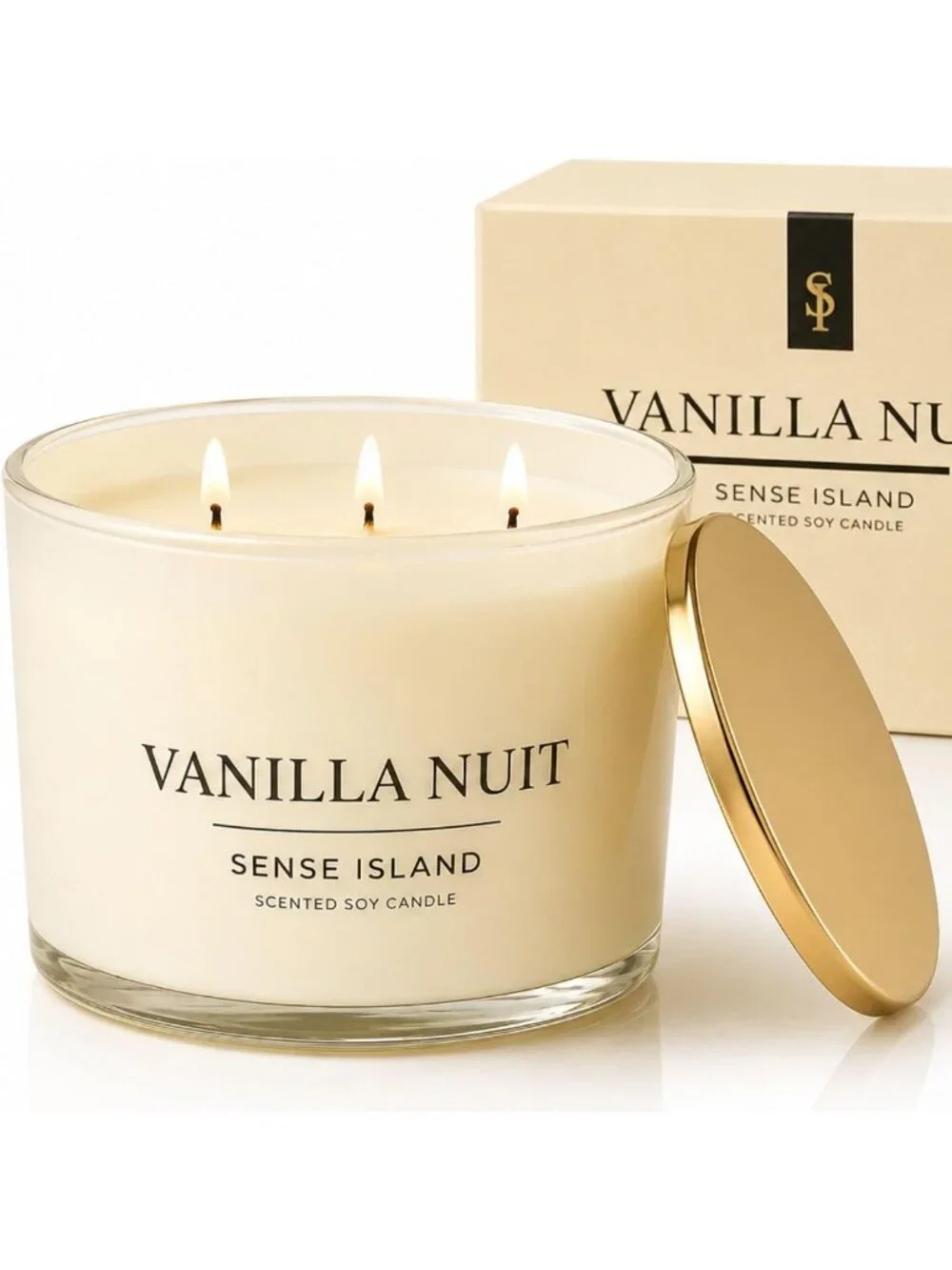 Large 3 Wick Vanilla Soy Candle - 50 Hour Burn, Natural Wax, Beige Glass, Luxury